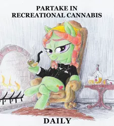 Size: 889x983 | Tagged: alcohol, artist:t72b, bowtie, chair, clothes, crossed legs, derpibooru import, dreadlocks, fire, fireplace, hoof hold, joseph ducreux, pipe, safe, sitting, smoke, smoke weed erryday, solo, traditional art, tree hugger