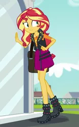 Size: 569x917 | Tagged: safe, derpibooru import, screencap, sunset shimmer, equestria girls, equestria girls series, forgotten friendship, bag, boots, clothes, concerned, cropped, female, geode of empathy, jacket, magical geodes, shoes, skirt, solo