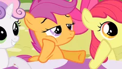 Size: 1280x720 | Tagged: apple bloom, cutie mark crusaders, derpibooru import, mushroom table, safe, scootaloo, screencap, sweetie belle, the cutie mark chronicles