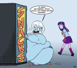 Size: 950x840 | Tagged: dead source, suggestive, artist:solitaryscribbles, deleted from derpibooru, derpibooru import, trixie, twilight sparkle, equestria girls, bbw, bingo wings, blue underwear, bra, breasts, clothes, crackers, fat, fat boobs, food, impossibly large thighs, kneeling, morbidly obese, obese, panties, peanut butter, peanut butter crackers, skirt, ssbbw, that human sure does love peanut butter crackers, the great and bountiful trixie, thighs, thunder thighs, underwear, vending machine