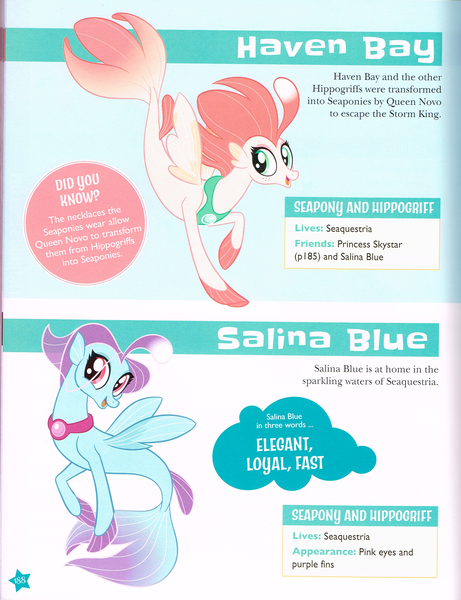 Size: 2112x2748 | Tagged: derpibooru import, duo, female, haven bay, implied princess skystar, implied queen novo, implied storm king, mare, merchandise, my little pony: character guide, my little pony: the movie, official, safe, salina blue, scan, scanned, seapony (g4)