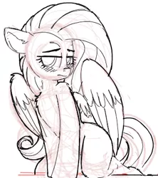 Size: 356x401 | Tagged: safe, artist:yoditax, derpibooru import, fluttershy, pegasus, pony, anatomically incorrect, blushing, chest fluff, cute, ear fluff, female, fluffy, frown, grayscale, human shoulders, incorrect leg anatomy, kneeling, lidded eyes, lineart, looking at you, mare, monochrome, shoulder fluff, simple background, sketch, solo, white background, wing fluff