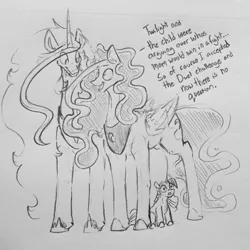 Size: 1280x1280 | Tagged: artist:greyscaleart, derpibooru import, female, filly, filly twilight sparkle, frown, grayscale, implied murder, i've seen some shit, maternaluna, monochrome, pencil drawing, princess celestia, princess luna, safe, simple background, this will end in therapy, thousand yard stare, traditional art, traumatized, twilight sparkle, unfortunate implications, younger