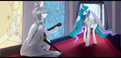 Size: 2500x1200 | Tagged: artist needed, safe, derpibooru import, princess celestia, oc, oc:light knight, alicorn, pegasus, pony, canon x oc, duo, female, frown, guitar, lightestia, male, mare, musical instrument, serenade, stallion, sword, unamused, walking, weapon, wing fluff