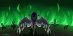 Size: 3000x1500 | Tagged: semi-grimdark, artist:crystal-heart-with-isaak-astor, artist:crystalcontemplator, derpibooru import, oc, pegasus, pony, undead, zombie, zombie pony, blood, fire, green, green fire, necromancer