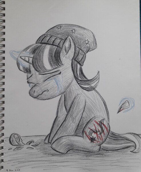 Size: 2448x2981 | Tagged: safe, artist:rockhoppr3, derpibooru import, starlight glimmer, pony, unicorn, beanie, crying, cut, glowing horn, hat, horn, sad, self harm, solo, teenage glimmer, teenager, traditional art