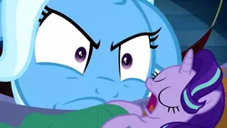 Size: 854x480 | Tagged: safe, derpibooru import, edit, edited screencap, screencap, starlight glimmer, trixie, pony, unicorn, road to friendship, floppy ears, hammock, meme, size difference, sleeping, snorelight glimmer, snoring, trixie is not amused, unamused