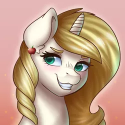 Size: 3543x3543 | Tagged: safe, artist:pitchyy, derpibooru import, oc, oc:passion fruit, unofficial characters only, pony, unicorn, ear piercing, earring, grin, jewelry, piercing, smiling, solo