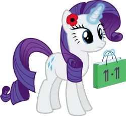 Size: 6978x6400 | Tagged: safe, artist:parclytaxel, derpibooru import, rarity, pony, unicorn, .svg available, absurd resolution, coincidence, female, flower, flower in hair, levitation, looking down, magic, mare, poppy, pun, remembrance day, shopping bags, shopping time, simple background, singles' day, solo, telekinesis, transparent background, vector, visual pun