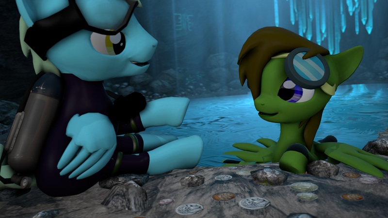 Size: 1920x1080 | Tagged: safe, artist:deltathedragon, derpibooru import, oc, oc:delta hooves, oc:sea glow, pegasus, pony, 3d, air tank, cave, cavern, conversation, crystal, diving goggles, diving suit, flirting, french, goggles, implied gay, lake, male, respirator, scuba, scuba gear, source filmmaker, story included, swimming goggles, underground, water