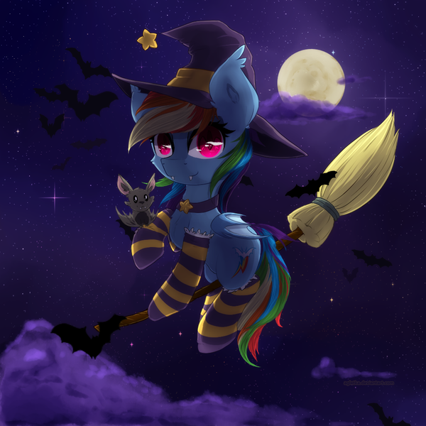 Size: 1000x1000 | Tagged: safe, artist:agletka, derpibooru import, rainbow dash, bat, bat pony, pony, bat ponified, broom, clothes, cute, dashabetes, fangs, female, flying, flying broomstick, full moon, hat, mare, moon, night, race swap, rainbowbat, smiling, socks, striped socks, witch hat