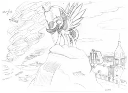 Size: 3507x2550 | Tagged: alicorn, alicorn oc, artist:in3ds2, building, derpibooru import, fighter plane, flag, horn, independence day, monochrome, nation ponies, oc, oc:queen poland, plane, poland, polish national independence day, safe, solo, tank (vehicle), traditional art, unofficial characters only, war, wings