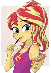 Size: 570x820 | Tagged: safe, artist:ta-na, derpibooru import, sunset shimmer, equestria girls, alternate hairstyle, clothes, eating, female, food, looking at you, pocky, ponytail, sleeveless, solo, tanktop