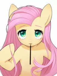 Size: 1536x2048 | Tagged: safe, artist:30clock, derpibooru import, fluttershy, pegasus, pony, cute, female, food, looking at you, mare, mouth hold, pocky, pocky day, shyabetes, simple background, solo, white background