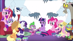 Size: 1280x720 | Tagged: safe, derpibooru import, screencap, applejack, discord, fluttershy, pinkie pie, princess cadance, princess flurry heart, rainbow dash, rarity, shining armor, spike, twilight sparkle, twilight sparkle (alicorn), alicorn, draconequus, dragon, earth pony, pegasus, pony, unicorn, winterchilla, best gift ever, animated, aunt and niece, diaper, discovery family logo, father and child, father and daughter, female, food, guitar, male, mother and child, mother and daughter, musical instrument, playing guitar, pudding, shipping, singing, song, sound, sparity, straight, webm, winged spike, winterzilla