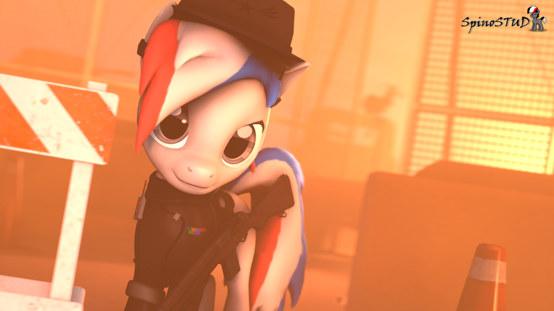 Size: 1920x1080 | Tagged: safe, artist:spinostud, derpibooru import, oc, oc:spino, unofficial characters only, earth pony, pony, 3d, clothes, gun, hat, looking at you, m14, roadblock, source filmmaker, truck, uniform, weapon