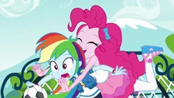 Size: 1920x1080 | Tagged: safe, derpibooru import, screencap, pinkie pie, rainbow dash, equestria girls, equestria girls series, forgotten friendship, clothes, cute, eyes closed, female, football, glomp, hairclip, happy, hug, open mouth, out of context, photo, sandals, shirt, smiling, sports, surprised, wristband