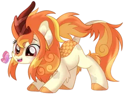 Size: 1024x757 | Tagged: safe, artist:prince-lionel, deleted from derpibooru, derpibooru import, oc, oc:cinder spirit, unofficial characters only, butterfly, kirin, cloven hooves, colored hooves, cute, female, image, kirin oc, movie accurate, ocbetes, png, simple background, smiling, solo, transparent background