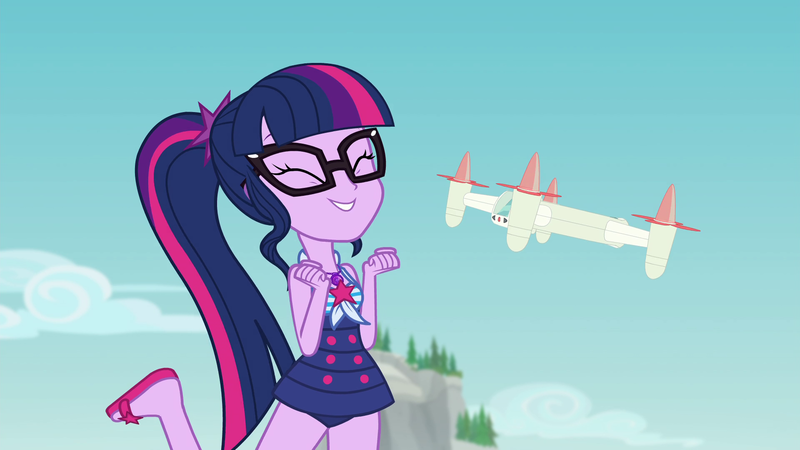 Size: 1920x1080 | Tagged: safe, derpibooru import, screencap, sci-twi, twilight sparkle, equestria girls, equestria girls series, forgotten friendship, adorkable, clothes, cute, dork, eyes closed, feet, flip-flops, geode of telekinesis, glasses, magical geodes, raised leg, sandals, selfie drone, solo, swimsuit, twiabetes