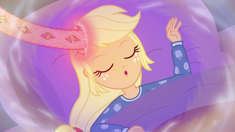 Size: 1920x1080 | Tagged: safe, derpibooru import, screencap, applejack, sunset shimmer, equestria girls, equestria girls series, forgotten friendship, legend of everfree, rainbow rocks, clothes, crystal guardian, female, memory ribbon, pajamas, sleeping