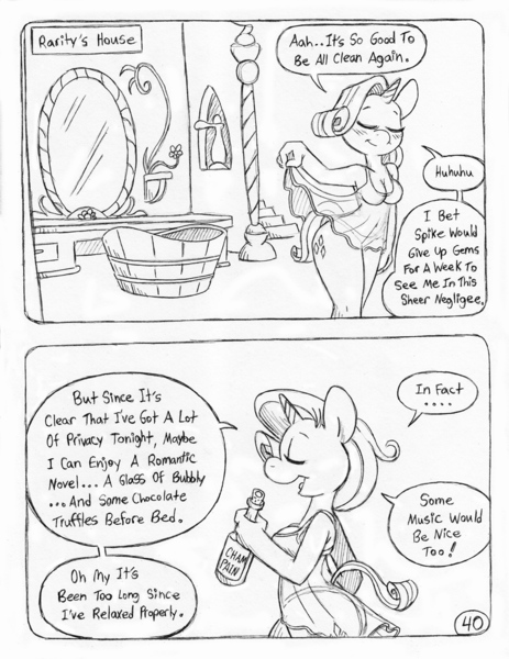 Size: 849x1100 | Tagged: anthro, artist:circe, bathtub, black and white, breasts, champagne, clothes, comic, comic:soreloser, derpibooru import, grayscale, mirror, monochrome, negligee, nightgown, panties, rarity, suggestive, traditional art, underwear, unguligrade anthro