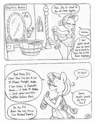 Size: 849x1100 | Tagged: anthro, artist:circe, bathtub, black and white, breasts, champagne, clothes, comic, comic:soreloser, derpibooru import, grayscale, mirror, monochrome, negligee, nightgown, panties, rarity, suggestive, traditional art, underwear, unguligrade anthro