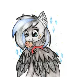Size: 1872x2135 | Tagged: safe, artist:zira, derpibooru import, oc, unofficial characters only, pegasus, pony, black skin, blue eye, clothes, cookie, cute, female, food, pony oc, two colour hair