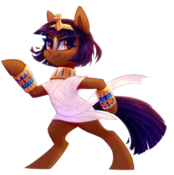 Size: 2832x2858 | Tagged: safe, artist:meekcheep, derpibooru import, oc, oc:high priestess tathra, unofficial characters only, pony, snake, buck legacy, bandage, bipedal, egyptian, female, gold, jewelry, mare, orange eyes, peytral, purple hair, simple background, solo, tanned, thick eyelashes, tiara, transparent background
