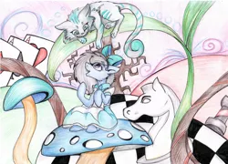 Size: 2356x1692 | Tagged: safe, artist:zira, derpibooru import, oc, unofficial characters only, cat, pony, alice in wonderland, blue dress, cheshire cat, clothes, crossover, cute, female, mushroom, pony oc, purple eyes