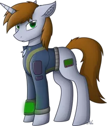 Size: 4000x4712 | Tagged: safe, artist:starlessnight22, derpibooru import, oc, oc:littlepip, unofficial characters only, pony, unicorn, fallout equestria, fanfic, chest fluff, clothes, crossover, ear fluff, fallout, fanfic art, female, hooves, horn, looking at you, mare, pipbuck, simple background, solo, standing, transparent background, vault suit, vector