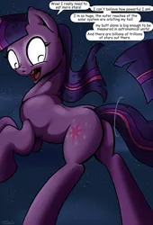 Size: 1920x2816 | Tagged: safe, artist:shieltar, derpibooru import, part of a set, twilight sparkle, pony, unicorn, comic:giant twilight, butt, comic, cute, dialogue, female, giant pony, giantess, glowing eyes, macro, mare, part of a series, plot, pony bigger than a planet, pony bigger than a solar system, pony bigger than a star, signature, solo, space, twiabetes, unicorn twilight