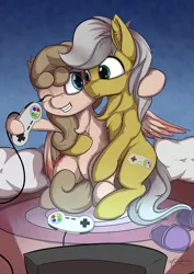 Size: 1280x1811 | Tagged: safe, artist:calena, derpibooru import, oc, oc:may blossom, oc:quick silver, unofficial characters only, earth pony, pegasus, pony, carpet, controller, girlfriend, hug, pillow, playing, simple background, snes controller, super nintendo, television, video game