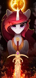 Size: 1125x2411 | Tagged: safe, artist:yakovlev-vad, derpibooru import, princess celestia, alicorn, pony, art pack:equestrian royalty, alternate hair color, armor, ash, eye clipping through hair, fantasy class, female, fire, flaming sword, frown, glare, lidded eyes, looking at you, mare, solo, sun, sword, warrior, warrior celestia, weapon