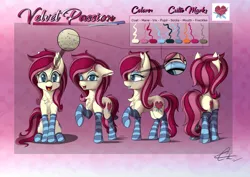 Size: 1600x1132 | Tagged: safe, artist:calena, derpibooru import, oc, oc:velvet passion, unofficial characters only, earth pony, pony, clothes, cutie mark, eyeshadow, freckles, makeup, not roseluck, open mouth, reference sheet, socks, solo, starry eyes, striped socks, wingding eyes