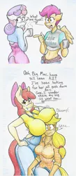 Size: 2729x6281 | Tagged: suggestive, artist:flicker-show, derpibooru import, apple bloom, applejack, scootaloo, sweetie belle, anthro, earth pony, amazon, annoyed, applejack is not amused, big breasts, boobhat, bragging, breast envy, breasts, busty apple bloom, cutie mark crusaders, erect nipples, huge breasts, impossibly large breasts, looking back, nipple outline, older, older apple bloom, simple background, unamused