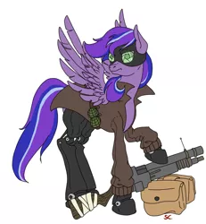 Size: 788x852 | Tagged: artist needed, safe, derpibooru import, oc, oc:starshine bomber, cyborg, pegasus, pony, fallout equestria, fallout, female, grenade launcher, grenades, simple background, solo, white background