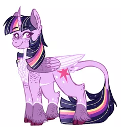 Size: 729x768 | Tagged: safe, artist:wanderingpegasus, derpibooru import, twilight sparkle, twilight sparkle (alicorn), alicorn, pony, chest fluff, cloven hooves, curved horn, cutie mark, ear fluff, female, horn, leonine tail, mare, pale belly, simple background, smiling, solo, white background