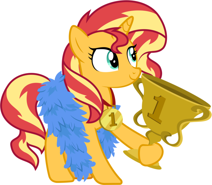 Size: 6867x6000 | Tagged: safe, artist:pirill, derpibooru import, sunset shimmer, pony, unicorn, best gift ever, .ai available, absurd resolution, best pony, feather boa, female, mare, medal, show accurate, simple background, smiling, solo, transparent background, trophy, vector