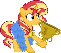 Size: 6867x6000 | Tagged: safe, artist:pirill, derpibooru import, sunset shimmer, pony, unicorn, best gift ever, .ai available, absurd resolution, best pony, feather boa, female, mare, medal, show accurate, simple background, smiling, solo, transparent background, trophy, vector