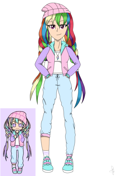 Size: 1860x2790 | Tagged: artist:ilaria122, beanie, braid, braided pigtails, clothes, derpibooru import, female, hat, human, humanized, jersey, jewelry, necklace, pants, pastel, pastel girl, pastel girl challenge, rainbow dash, safe, shirt, shoes, simple background, sneakers, socks, solo, transparent background