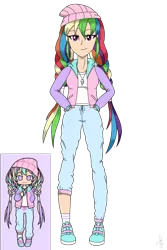 Size: 1860x2790 | Tagged: artist:ilaria122, beanie, braid, braided pigtails, clothes, derpibooru import, female, hat, human, humanized, jersey, jewelry, necklace, pants, pastel, pastel girl, pastel girl challenge, rainbow dash, safe, shirt, shoes, simple background, sneakers, socks, solo, transparent background