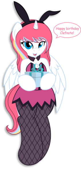 Size: 3792x8030 | Tagged: safe, artist:digiqrow, deleted from derpibooru, derpibooru import, oc, oc:nekonin, unofficial characters only, alicorn, semi-anthro, alicorn oc, bunny ears, bunny suit, clothes, crossdressing, curved horn, cute, fishnets, horn, male, pantyhose, present, simple background, skirt, speech bubble, transparent background, trap, wings