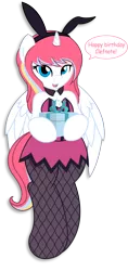 Size: 3792x8030 | Tagged: safe, artist:digiqrow, deleted from derpibooru, derpibooru import, oc, oc:nekonin, unofficial characters only, alicorn, semi-anthro, alicorn oc, bunny ears, bunny suit, clothes, crossdressing, curved horn, cute, fishnets, horn, male, pantyhose, present, simple background, skirt, speech bubble, transparent background, trap, wings