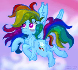 Size: 1106x993 | Tagged: safe, artist:m0nster-c00kie, artist:pumpkin-somethin-art, derpibooru import, rainbow dash, pony, chest fluff, flying, incorrect mane, solo, subtle homestuck reference