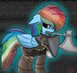 Size: 3080x2920 | Tagged: safe, artist:crimsonsky, derpibooru import, rainbow dash, pegasus, pony, axe, clothes, colored, crossover, dark souls, female, mare, mouth hold, shield, solo, weapon