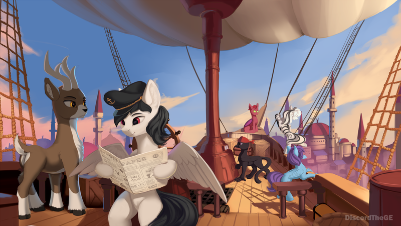 Size: 1920x1080 | Tagged: safe, artist:discordthege, derpibooru import, oc, oc:comettail, oc:corsair, oc:gypsy, oc:trailblazer, oc:zipper, oc:zira, unofficial characters only, deer, leviathan, pegasus, pony, zebra, airship, captain hat, city, clothes, commission, deer oc, newspaper, sails, scenery, sitting, zebra oc