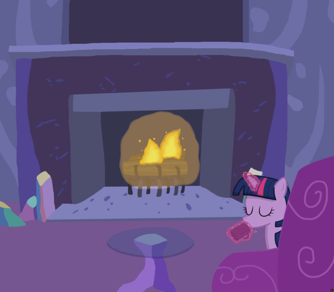 Size: 4000x3500 | Tagged: safe, artist:devfield, derpibooru import, twilight sparkle, pony, chocolate, couch, crystal, cup, fire, fireplace, food, glass table, glow, glowing horn, horn, hot chocolate, levitation, log, magic, shading, solo, table, telekinesis, twilight's castle