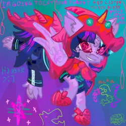 Size: 1080x1080 | Tagged: semi-grimdark, artist:pumpkin-somethin-art, derpibooru import, twilight sparkle, twilight sparkle (alicorn), alicorn, pony, cape, clothes, crocs, dragon costume, homestuck, implied violence, outfit, pony cosplaying homestuck, solo, terezi pyrope, text