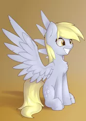 Size: 2720x3847 | Tagged: safe, artist:renderpoint, derpibooru import, derpy hooves, pegasus, pony, chest fluff, cute, derpabetes, female, grin, happy, mare, simple background, sitting, smiling, solo, spread wings, wings