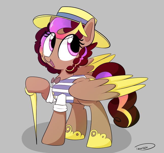 Size: 2541x2362 | Tagged: safe, artist:taurson, derpibooru import, oc, oc:hors, unofficial characters only, pegasus, pony, bowtie, cane, clothes, colored wings, female, flim flam outfit, gift art, hat, mare, multicolored wings, simple background, smiling, solo, wings